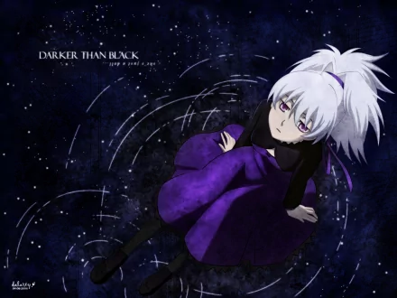A striking HD wallpaper featuring Yin from Darker Than Black, set against a cosmic backdrop, showcasing her distinctive purple attire and ethereal presence.