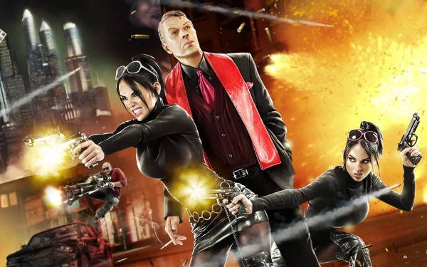 HD PC desktop wallpaper featuring intense action from the video game Saints Row: The Third, showcasing characters with guns against a fiery urban backdrop.
