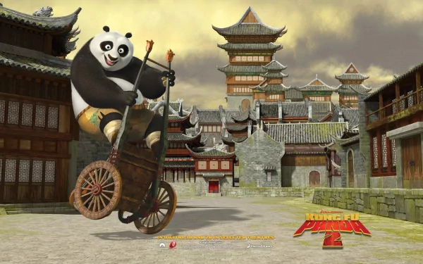 A vibrant HD wallpaper featuring Po from Kung Fu Panda, energetically riding a bike through a traditional Asian-inspired village backdrop.
