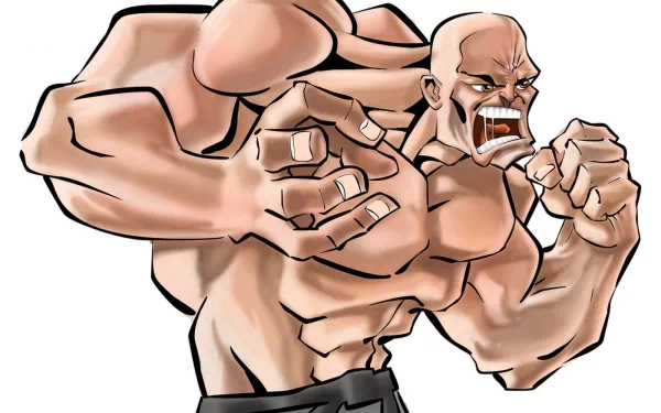 Artistic HD desktop wallpaper featuring a muscular, bald MMA fighter in an intense, dynamic pose showcasing strength and aggression.