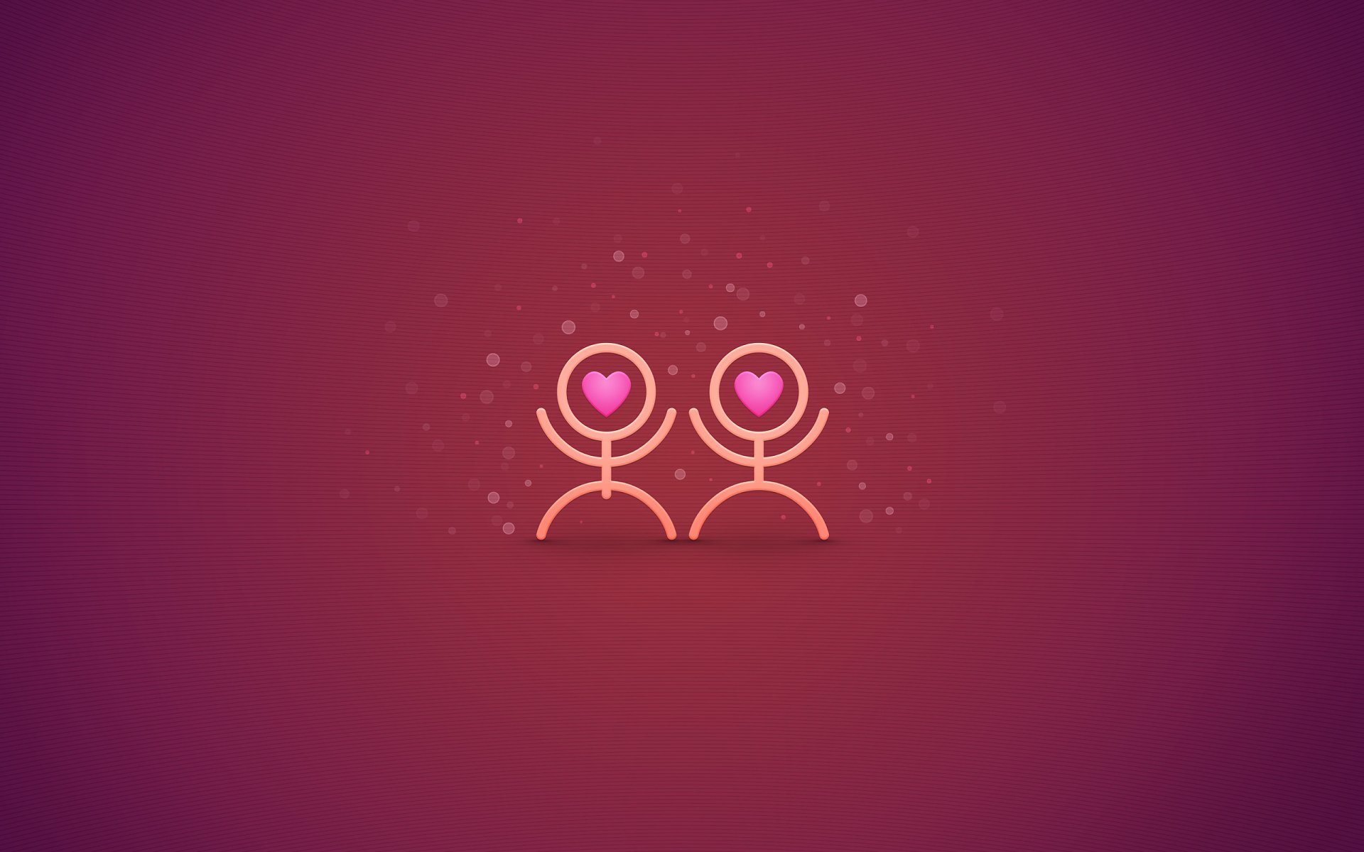 Artistic HD desktop wallpaper depicting two minimalist figures with heart-shaped heads, symbolizing love on a warm, purple background.