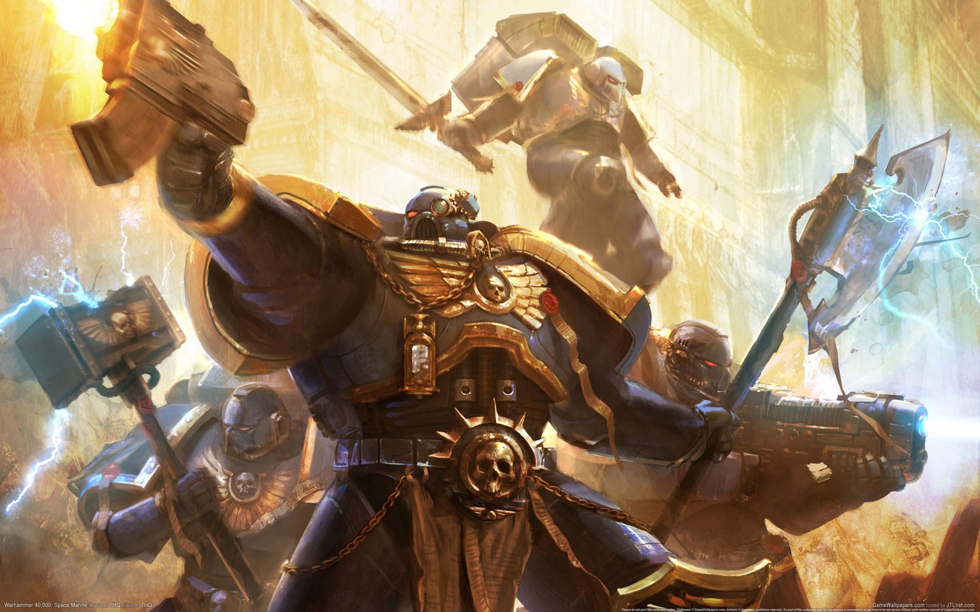 HD PC desktop wallpaper featuring armored Warhammer warriors engaged in battle, showcasing dynamic action and detailed sci-fi fantasy elements from the video game.