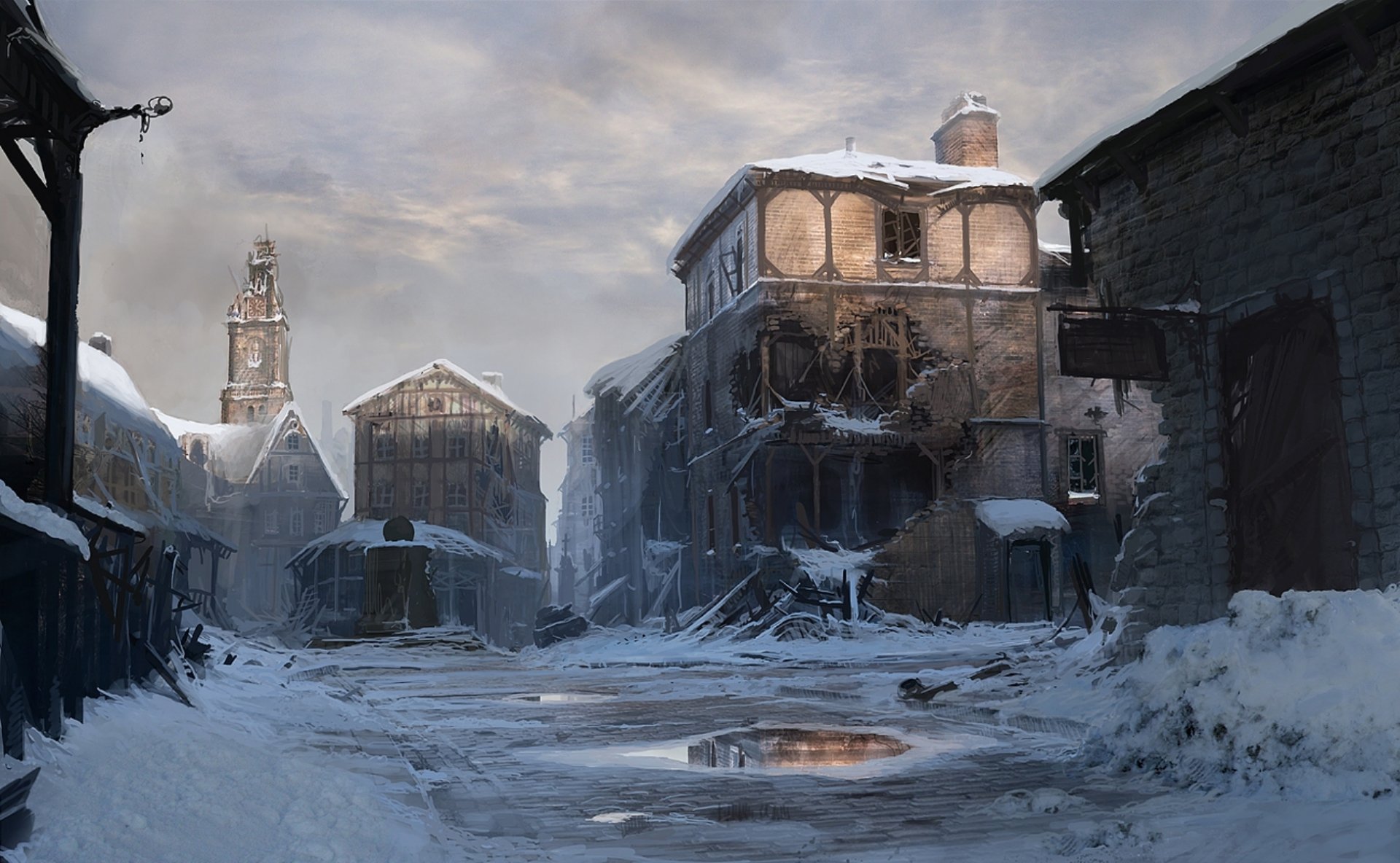 A haunting post-apocalyptic scene featuring abandoned, snow-covered buildings under a cloudy sky, creating an atmospheric sci-fi setting for a HD PC desktop wallpaper.