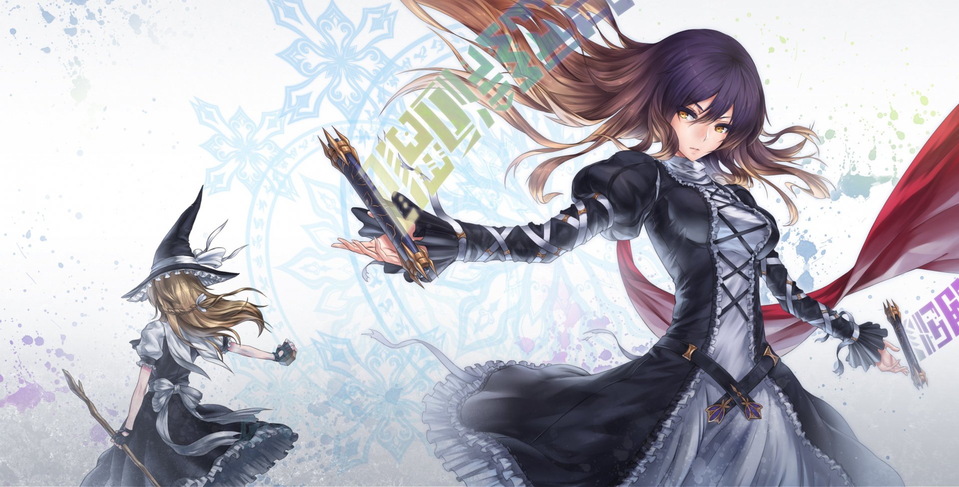 HD anime desktop wallpaper featuring Byakuren Hijiri and Marisa Kirisame from Touhou, depicted in dynamic poses with detailed costumes and magical elements.