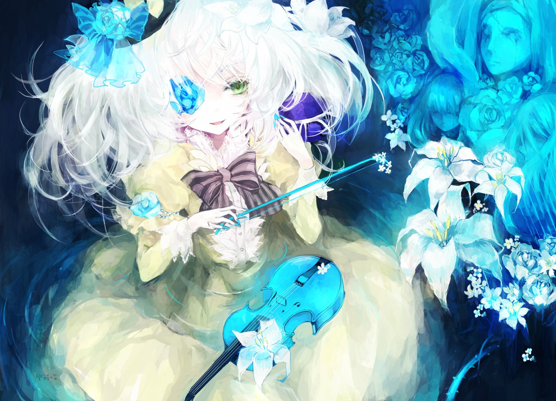 A HD wallpaper featuring Koishi Komeiji from the anime Touhou, portraying her with light-colored hair, a violin, and surrounded by blue flowers and ethereal figures.