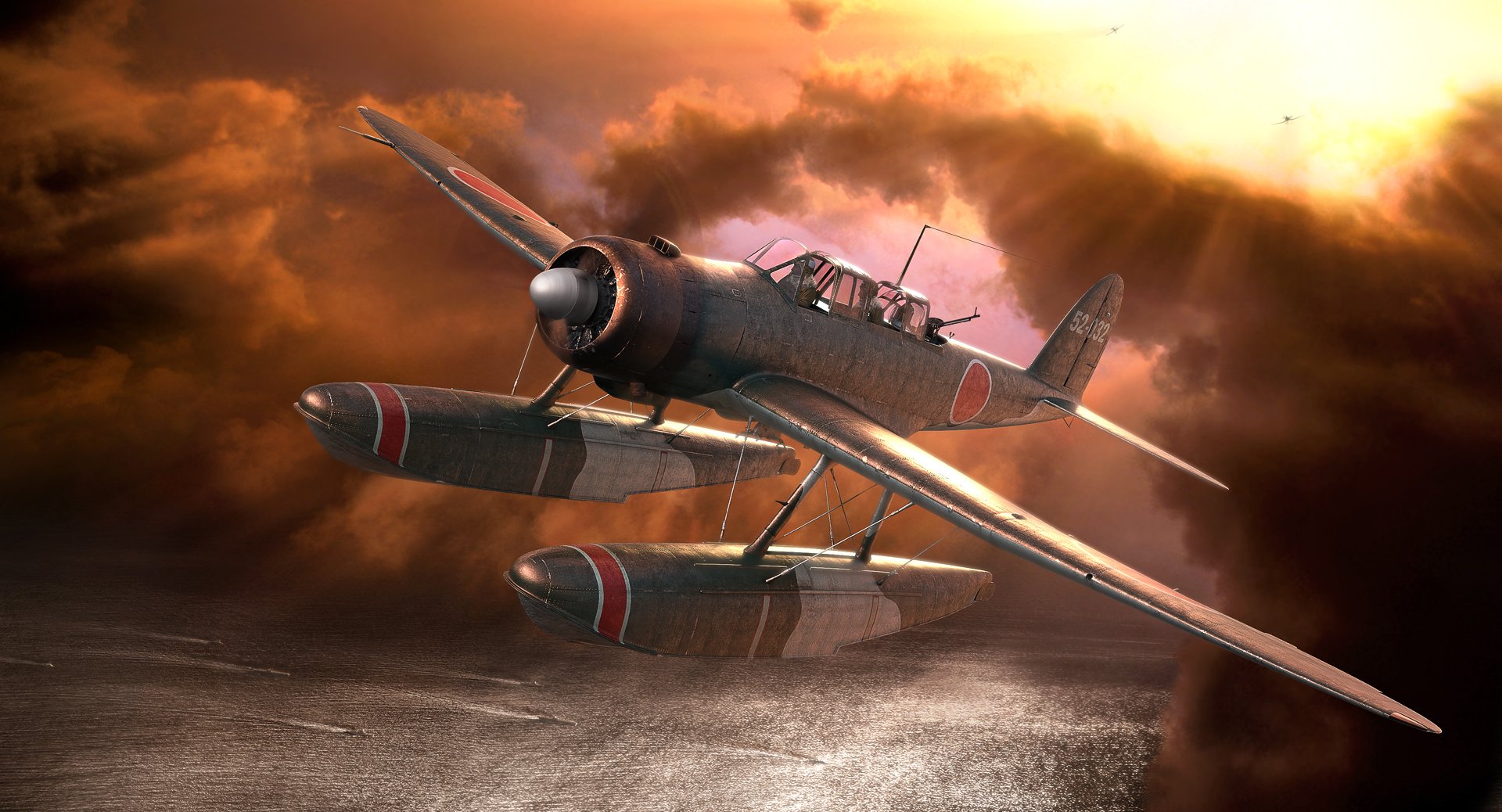 A dramatic HD desktop wallpaper featuring a military Aichi E13A floatplane flying over water against a fiery, cloud-filled sky at sunset.