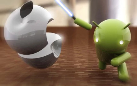 HD PC desktop wallpaper featuring a stylized Android robot wielding a glowing lightsaber, engaging with a futuristic, cracked apple symbolizing technology rivalry.