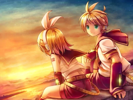 Anime characters Len and Rin Kagamine sit together by the sea at sunset, with Rin wearing headphones. The sky is painted with warm hues, and their aqua eyes stand out against the golden light. HD desktop wallpaper.