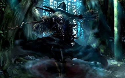 HD PC desktop wallpaper featuring Marisa Kirisame from the anime Touhou, depicted as a witch in a dark, mystical forest setting.