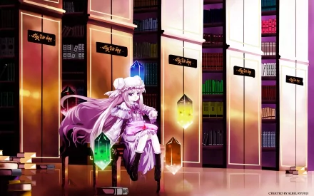 HD PC desktop wallpaper featuring Patchouli Knowledge from the anime Touhou, depicted sitting in a glowing, colorful library filled with floating lanterns and bookshelves.