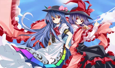 HD anime desktop wallpaper featuring Tenshi Hinanawi and Iku Nagae from the Touhou series against a bright blue sky background.