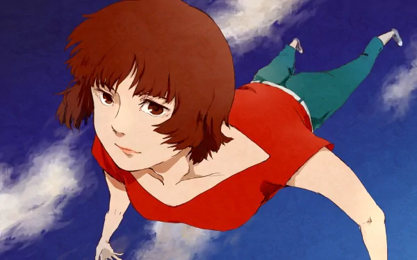 HD PC desktop wallpaper featuring an animated character from the movie Paprika floating against a vibrant blue sky with clouds.