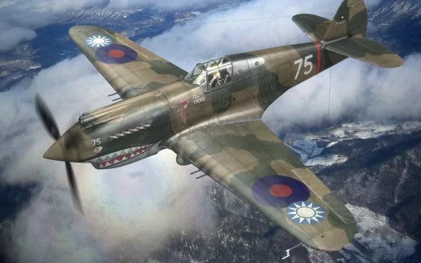 A Curtiss P-40 Warhawk military aircraft in flight, featuring camouflage paint and distinctive roundels, captured as an HD PC desktop wallpaper and background.