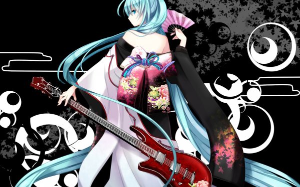 Anime Vocaloid Hatsune Miku Aqua Hair Aqua Eyes Guitar Fan Kimono Black Petal HD Wallpaper | Background Image