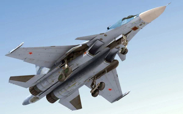 HD desktop wallpaper showing a military Sukhoi Su-34 jet fighter in flight against a clear sky background.