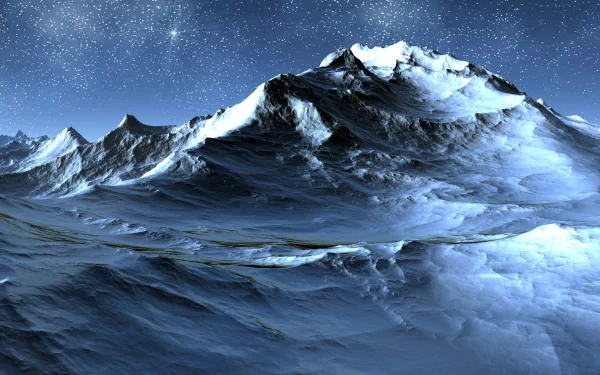 Artistic HD PC desktop wallpaper of a snow-capped mountain range beneath a star-filled night sky, with icy ridges and a reflective frozen foreground.