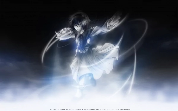 A dynamic HD wallpaper featuring Satori Komeiji from the anime Touhou, showcasing her in action with swirling energies against a dark ethereal background.