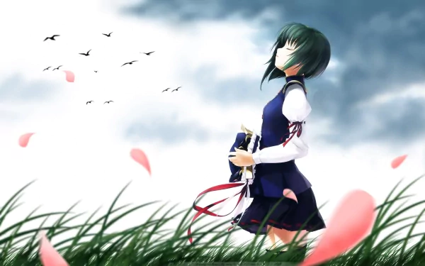 Eiki Shiki (Touhou) anime 2K Quad HD PC desktop wallpaper and background: standing in windswept grass, holding a sheathed sword, pink petals drifting with birds beneath a cloudy sky.