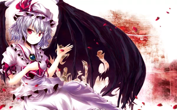Remilia Scarlet (Touhou) anime 2K Quad HD PC desktop wallpaper: pale vampire girl in frilled white dress, red eyes, dark bat-like wing, red petals and grunge background.