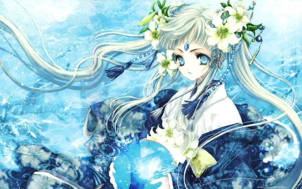 An enchanting anime character from Ariaoro (Aquarian Age) gracefully emerges from shimmering blue waters, adorned with flowers, embodying the essence of the Aquarian Age in this HD desktop wallpaper.