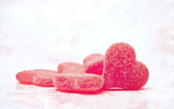 HD artistic desktop wallpaper featuring sugar-coated heart-shaped candies against a soft pink and white background, evoking the theme of love.
