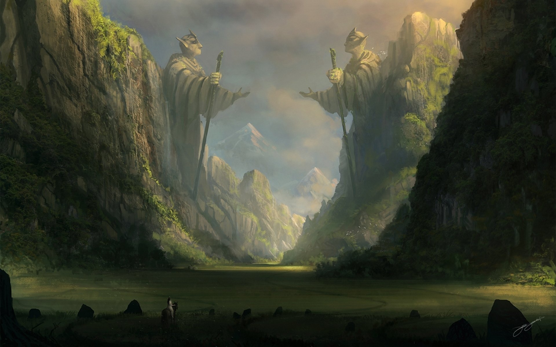 A breathtaking fantasy landscape featuring colossal statues amidst towering cliffs, inviting viewers into a mystical realm. This HD wallpaper enhances any desktop with its captivating beauty.