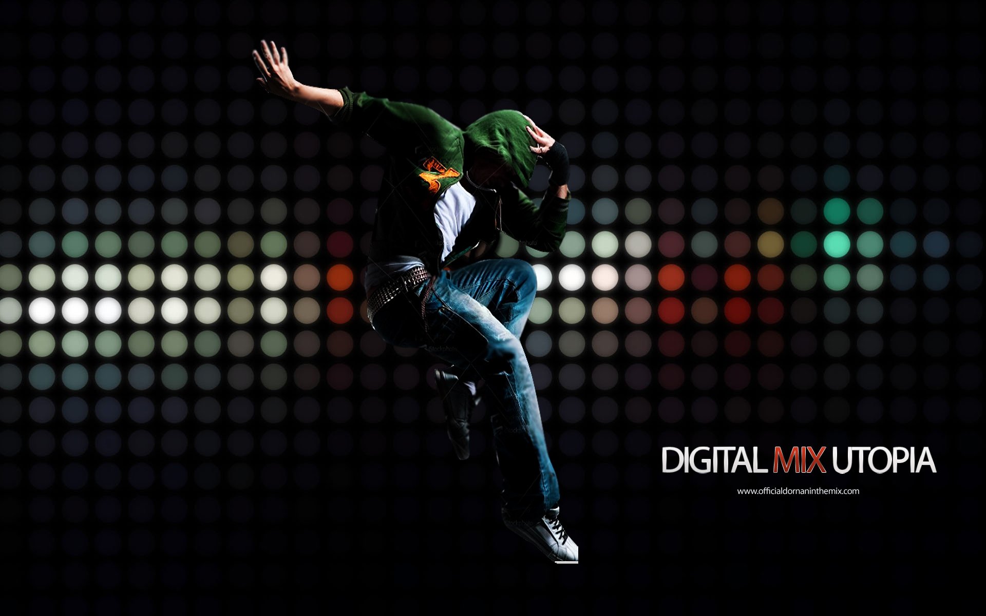 A dynamic dancer leaps amid vibrant, colored lights, embodying the essence of trance and house music, creating an energetic backdrop for music and dance enthusiasts.