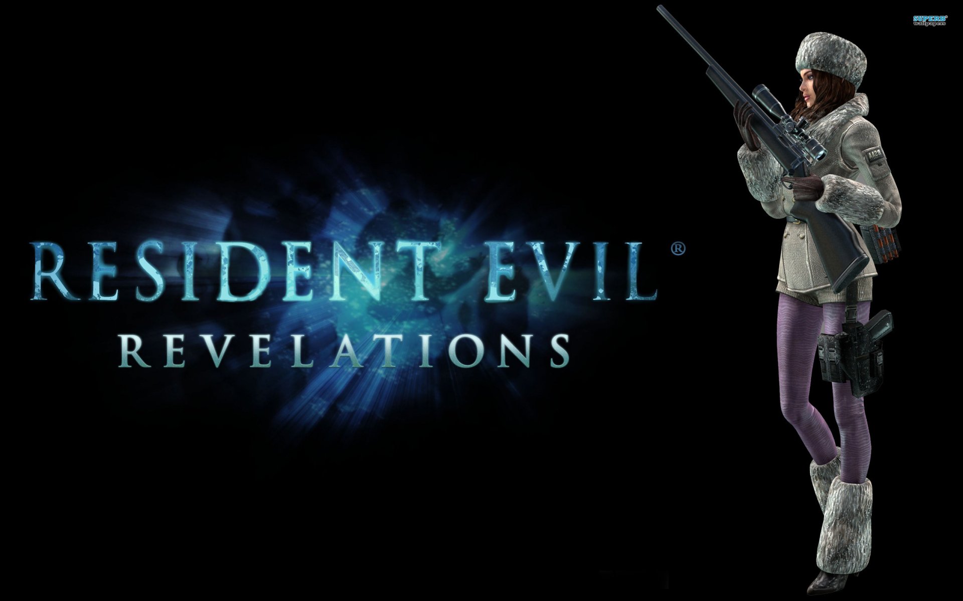 HD PC desktop wallpaper featuring the logo and a character from the video game Resident Evil: Revelations on a dark background.