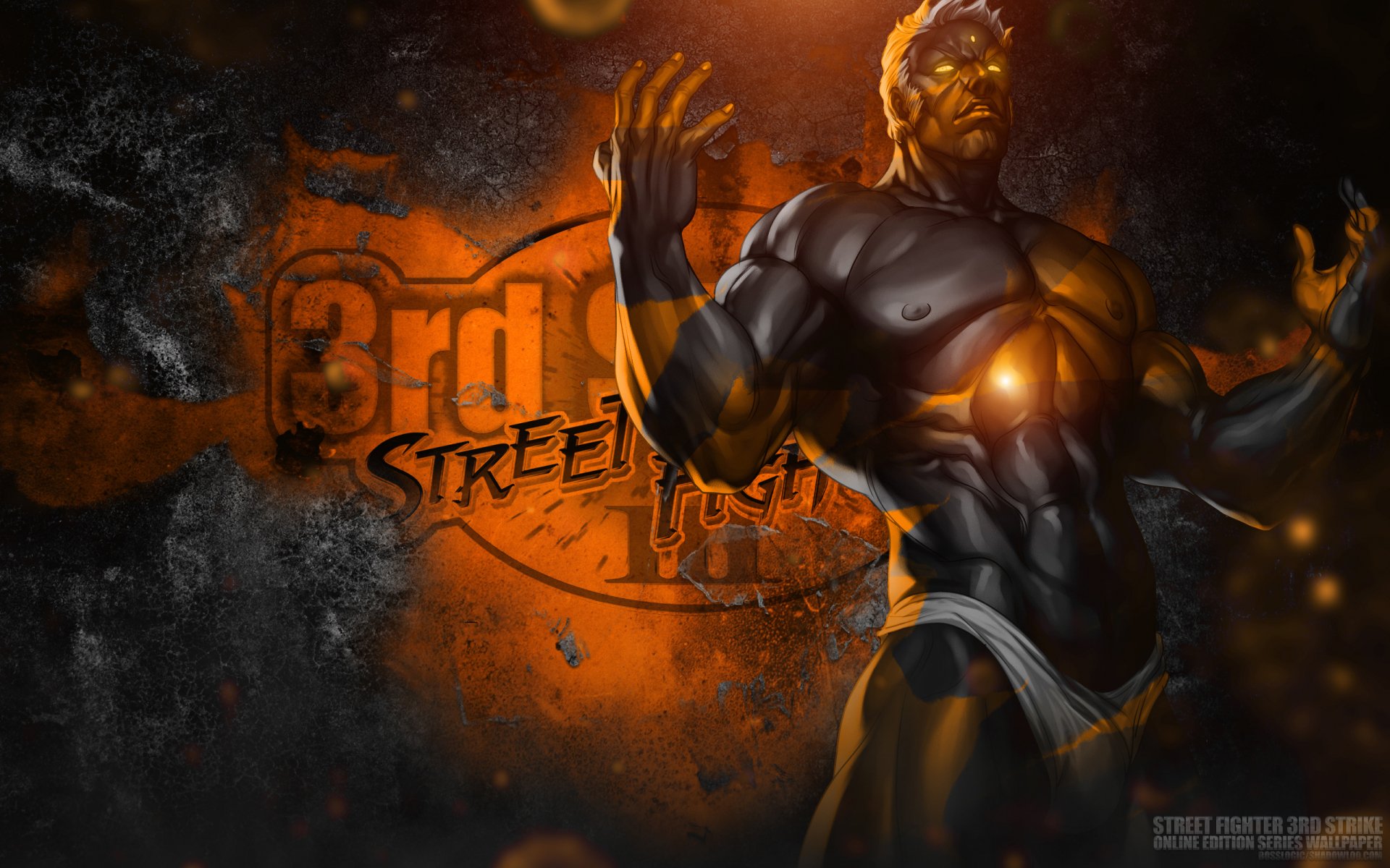 Urien (Street Fighter) posed with glowing chest amid orange-black energy, 2K Quad HD PC desktop wallpaper/background with a bold 3rd emblem behind him.