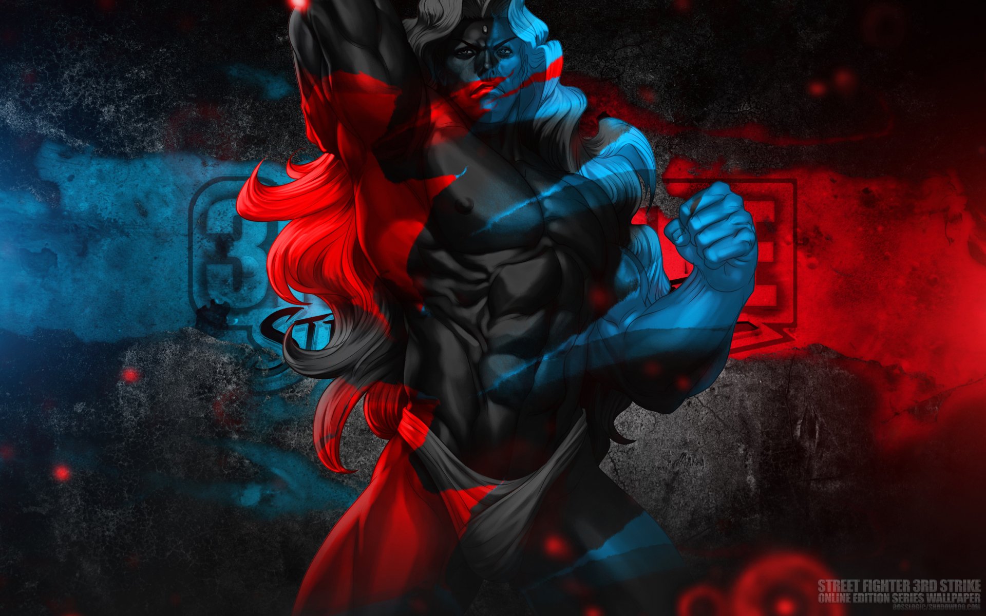2K Quad HD PC wallpaper of Gill from Street Fighter: muscular, split red-and-blue figure with flowing hair and crossed arms against a smoky red and blue background.