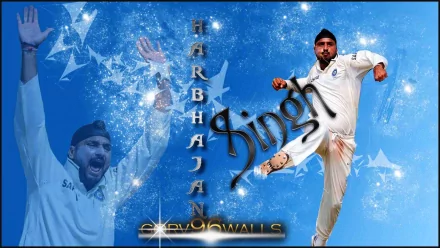 HD wallpaper featuring cricketer Harbhajan Singh in action, set against a vibrant blue background with artistic elements and text overlay.