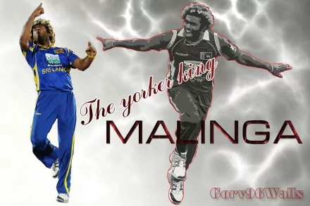 HD desktop wallpaper featuring a dynamic image of a cricketer with text The Yorker King Malinga against a smoky background.