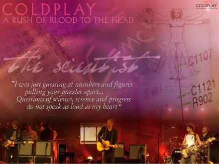 A vibrant HD wallpaper featuring Coldplay, showcasing a performance scene with lyrics from The Scientist overlaid against a colorful background of abstract designs and numbers.