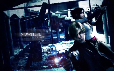 HD PC desktop wallpaper featuring Claire Redfield and Leon S. Kennedy from the movie Resident Evil: Degeneration in a dark, action-packed scene.