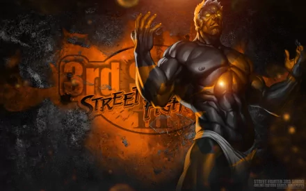 Urien (Street Fighter) posed with glowing chest amid orange-black energy, 2K Quad HD PC desktop wallpaper/background with a bold 3rd emblem behind him.
