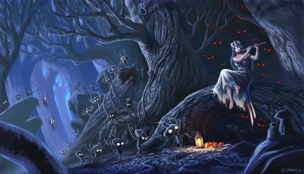 A fantasy dark scene featuring a musician playing the flute amidst eerie, shadowy trees and curious creatures, set in an enchanting, mystical landscape. HD desktop wallpaper.