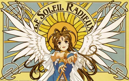 HD PC desktop wallpaper featuring Belldandy from the anime Ah! My Goddess, depicted with angelic wings and a radiant sun backdrop in Art Nouveau style.