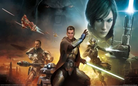 HD PC desktop wallpaper from the video game Star Wars: The Old Republic, featuring key characters in a dynamic battle scene with lightsabers and starships.