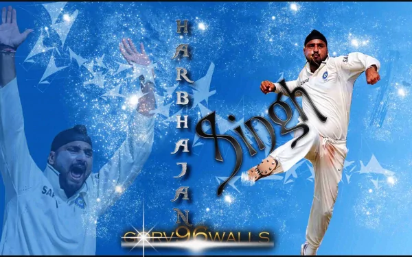 HD wallpaper featuring cricketer Harbhajan Singh in action, set against a vibrant blue background with artistic elements and text overlay.