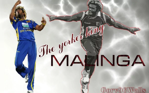 HD desktop wallpaper featuring a dynamic image of a cricketer with text The Yorker King Malinga against a smoky background.