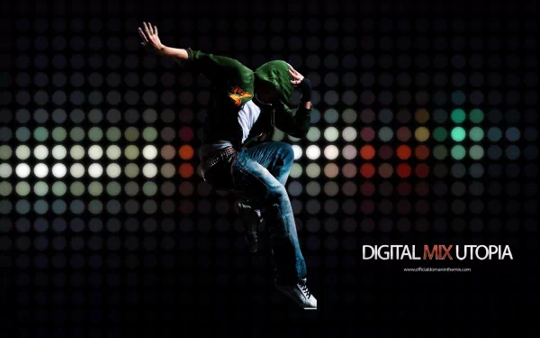 A dynamic dancer leaps amid vibrant, colored lights, embodying the essence of trance and house music, creating an energetic backdrop for music and dance enthusiasts.