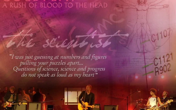 A vibrant HD wallpaper featuring Coldplay, showcasing a performance scene with lyrics from The Scientist overlaid against a colorful background of abstract designs and numbers.