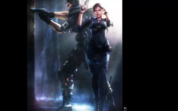 HD PC desktop wallpaper featuring Jill Valentine and Chris Redfield from the video game Resident Evil: Revelations in a dynamic, action-ready pose.