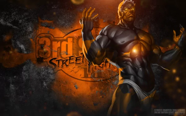 Urien (Street Fighter) posed with glowing chest amid orange-black energy, 2K Quad HD PC desktop wallpaper/background with a bold 3rd emblem behind him.