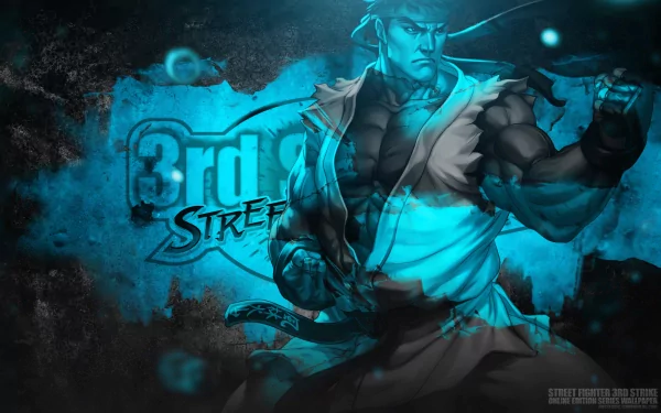 HD PC desktop wallpaper featuring a dynamic Street Fighter character with a glowing blue aura and the 3rd Strike logo in the background.