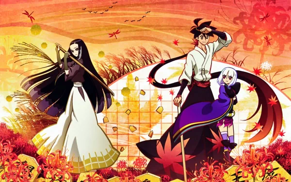 A vibrant HD wallpaper featuring Togame and Shichika Yasuri from the anime Katanagatari, set against a backdrop of autumn leaves and warm colors.