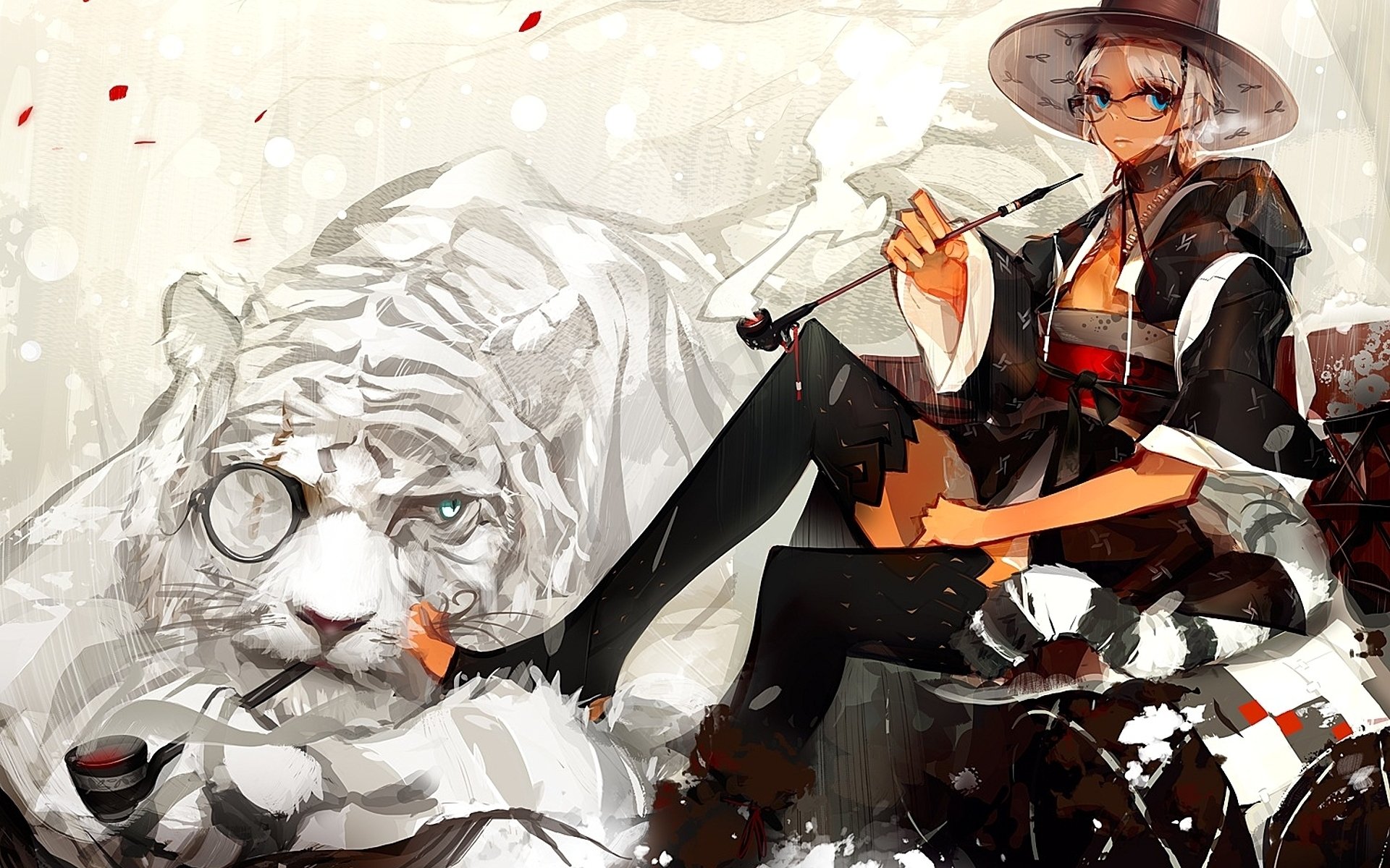 HD anime-style original desktop wallpaper featuring a confident character with a pipe sitting beside a large white tiger, blending dynamic brush strokes with detailed shading.