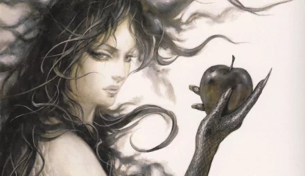 HD PC desktop wallpaper featuring a dark, ethereal woman with flowing hair, holding a shimmering black apple against a soft, muted background.