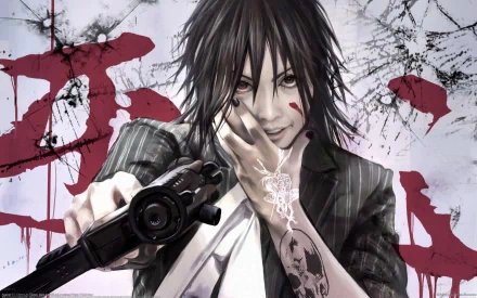 HD PC desktop wallpaper featuring a dark-themed anime-style man with black hair, holding a gun, set against a blood-splattered background with Japanese characters.