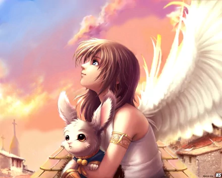An HD desktop wallpaper featuring an anime-style angel with white wings, gazing at the sky while holding a cute, furry creature. The background showcases a colorful sky with warm hues and distant architecture.